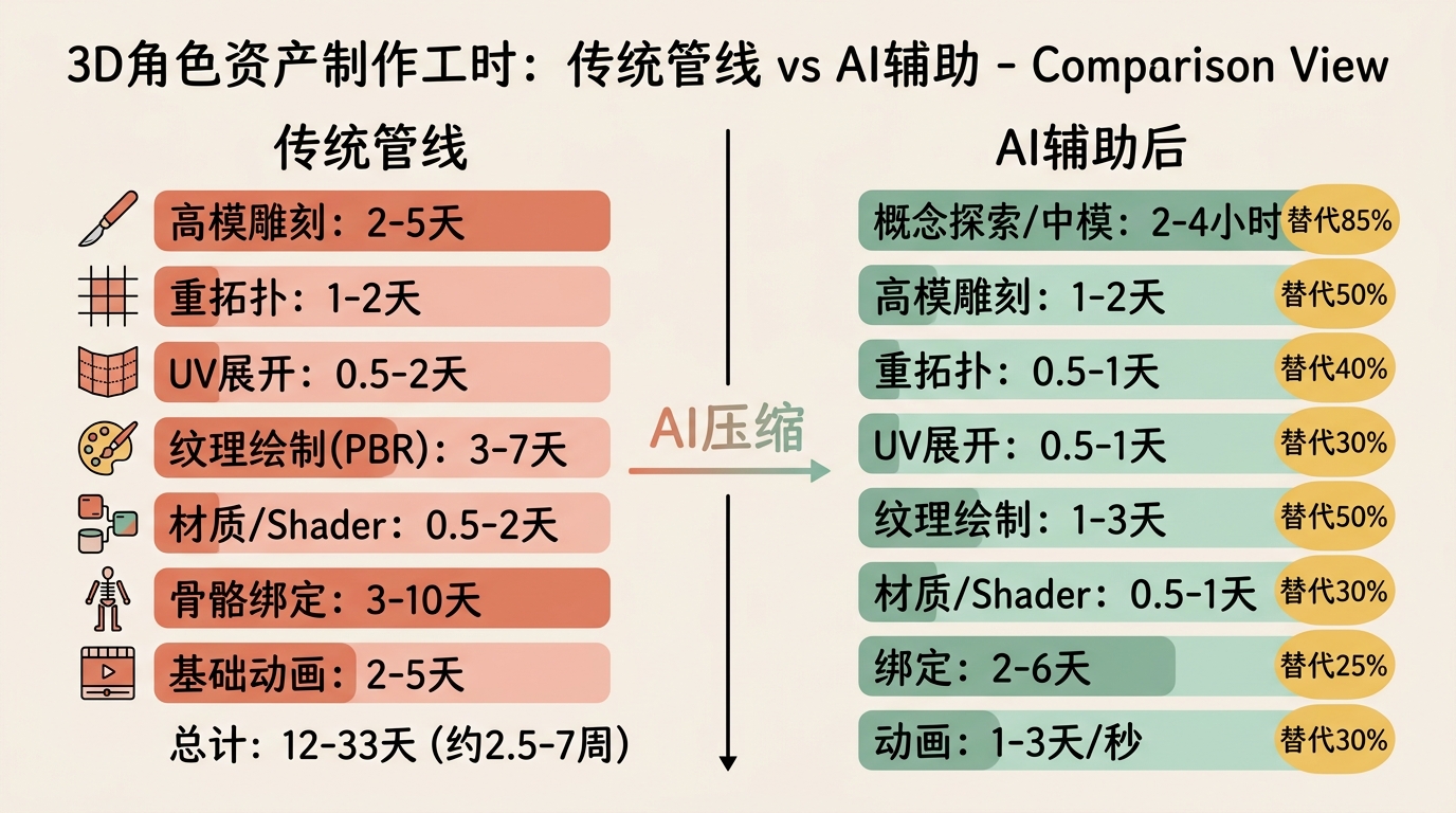 传统3D管线工时 vs AI辅助压缩对比