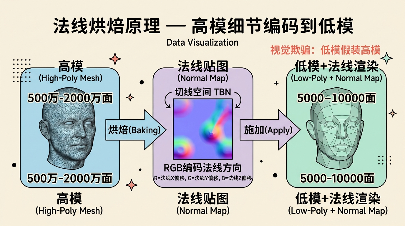法线烘焙原理：高模法线编码到低模贴图